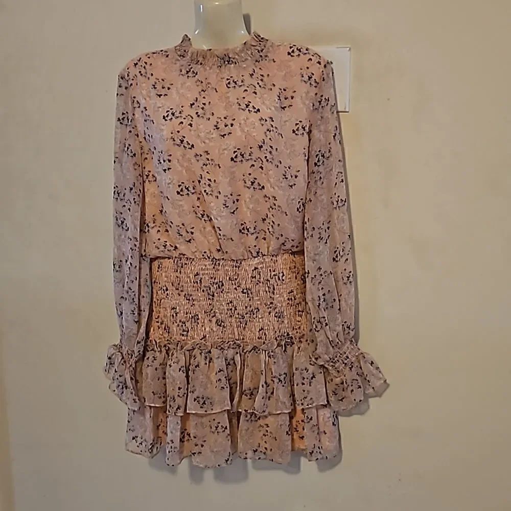 Honey Chelsea Women's Floral Ruffled Long Sleeves Mini Dress XS Pink